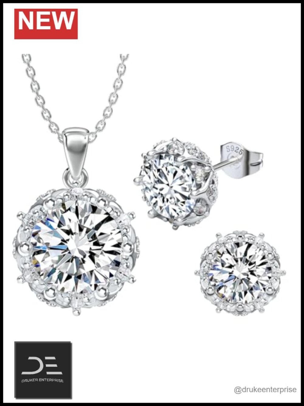 2CT Moissanite Necklace Earring Set 18K White Gold Plated 925 Sterling Silver